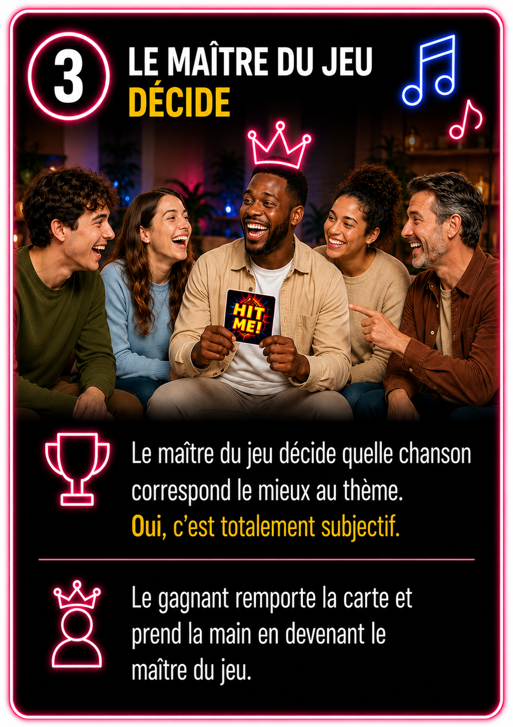 Explication des règles du jeu HIT ME avec le maître du jeu qui décide le gagnant