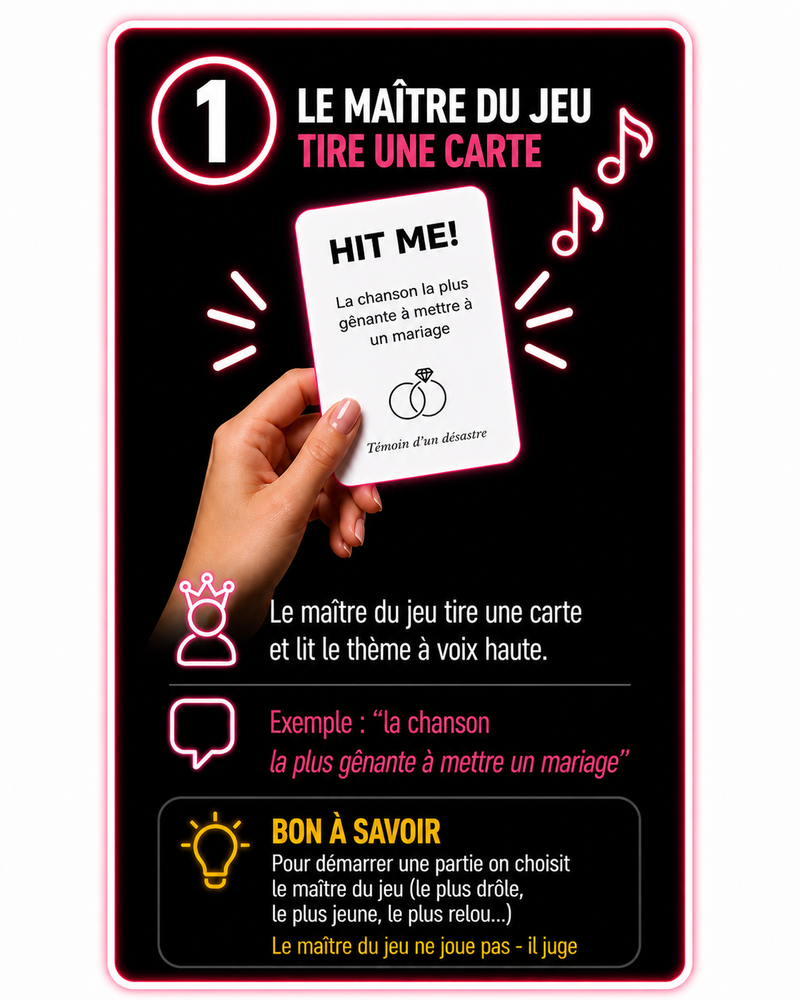 Explication des règles du jeu HIT ME avec le maître du jeu qui tire une carte